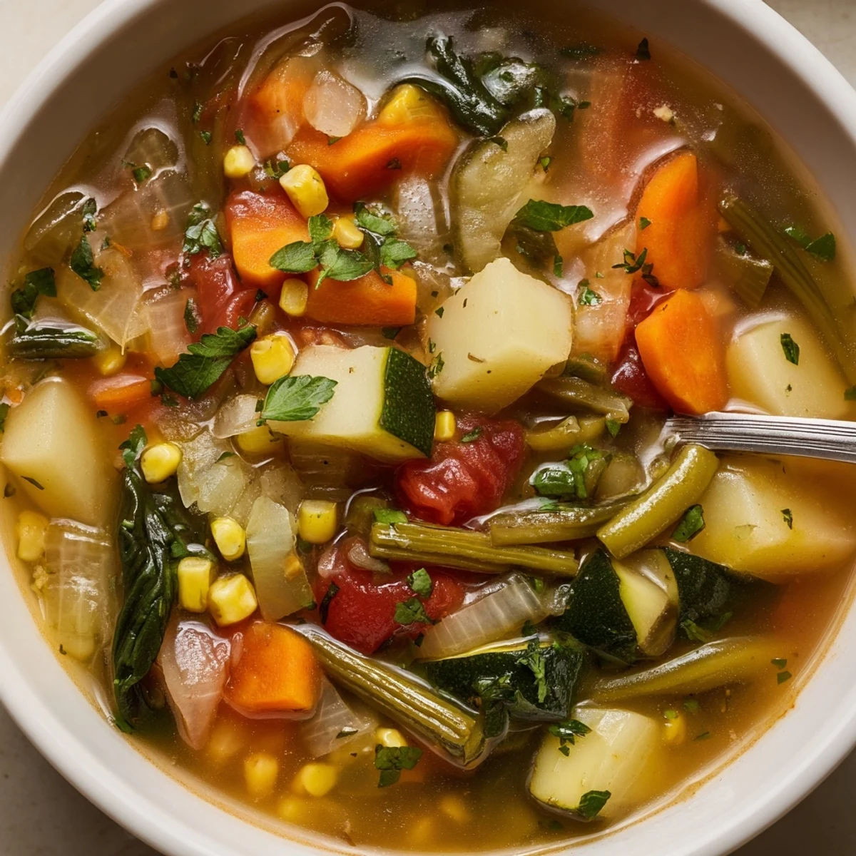 Hearty Vegetable Soup simmering in a pot, fragrant thyme and basil