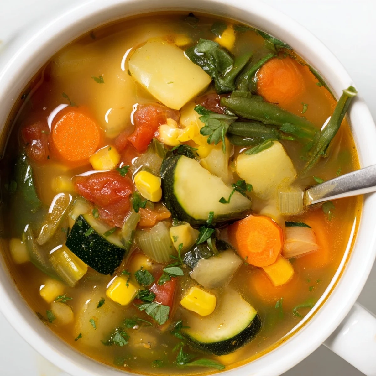 Steaming bowl of Vegetable Soup with chunky veggies, herbs, and crusty bread