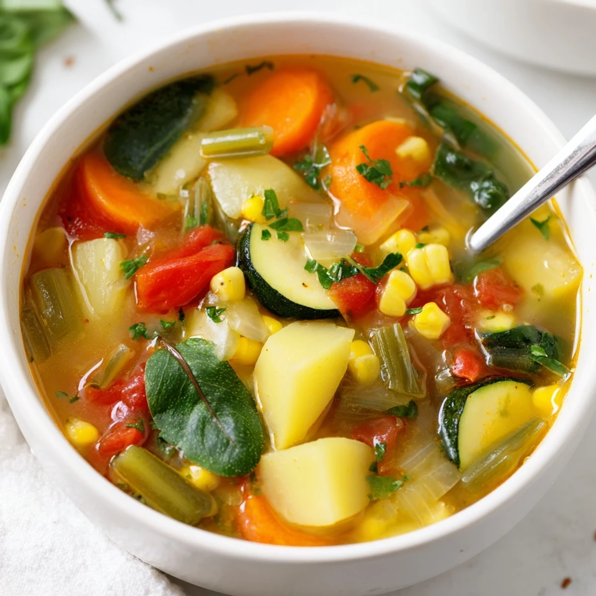 Bright, colorful Vegetable Soup garnished with parsley, served hot in bowl