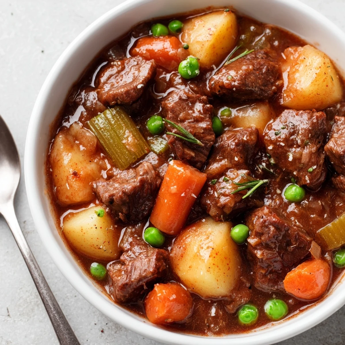 Warm bowl of Beef Stew ladled over buttered noodles, savory broth aroma