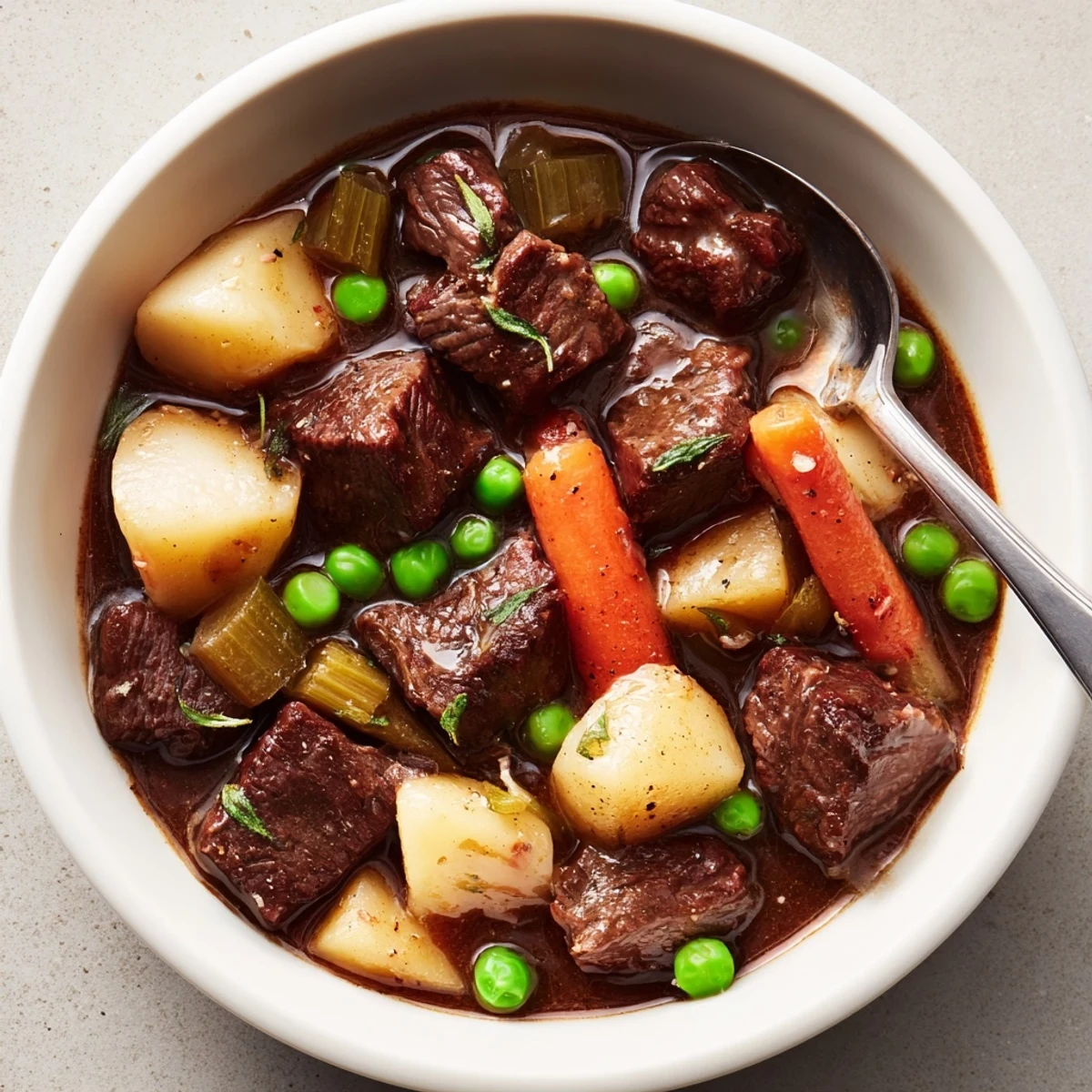 Slow-simmered Beef Stew with chunky potatoes, carrots, herbs ready to serve