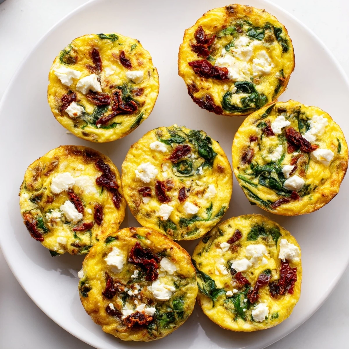 Baked Mediterranean egg muffins featuring fluffy eggs, wilted spinach, and tangy feta cheese crumbles