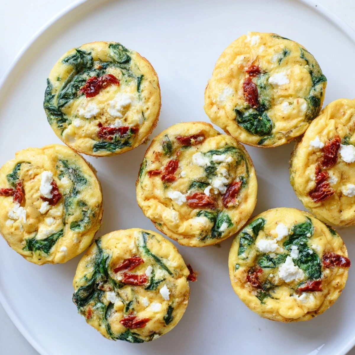 Healthy breakfast muffin cups packed with fresh spinach, sun-dried tomatoes, and melted feta topping