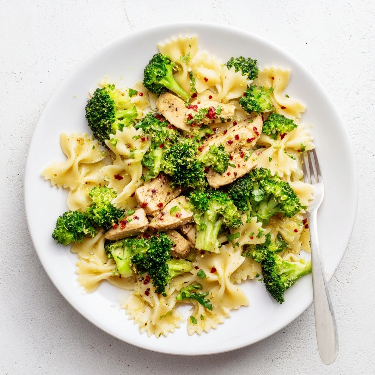 Golden sliced cowboy butter chicken resting over lemony bowtie pasta with crisp green broccoli florets