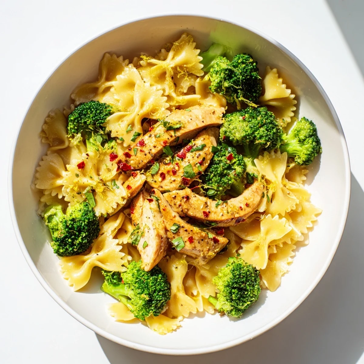 Creamy cowboy butter glazed chicken atop a bed of garlicky bowtie pasta mixed with vibrant crisp broccoli