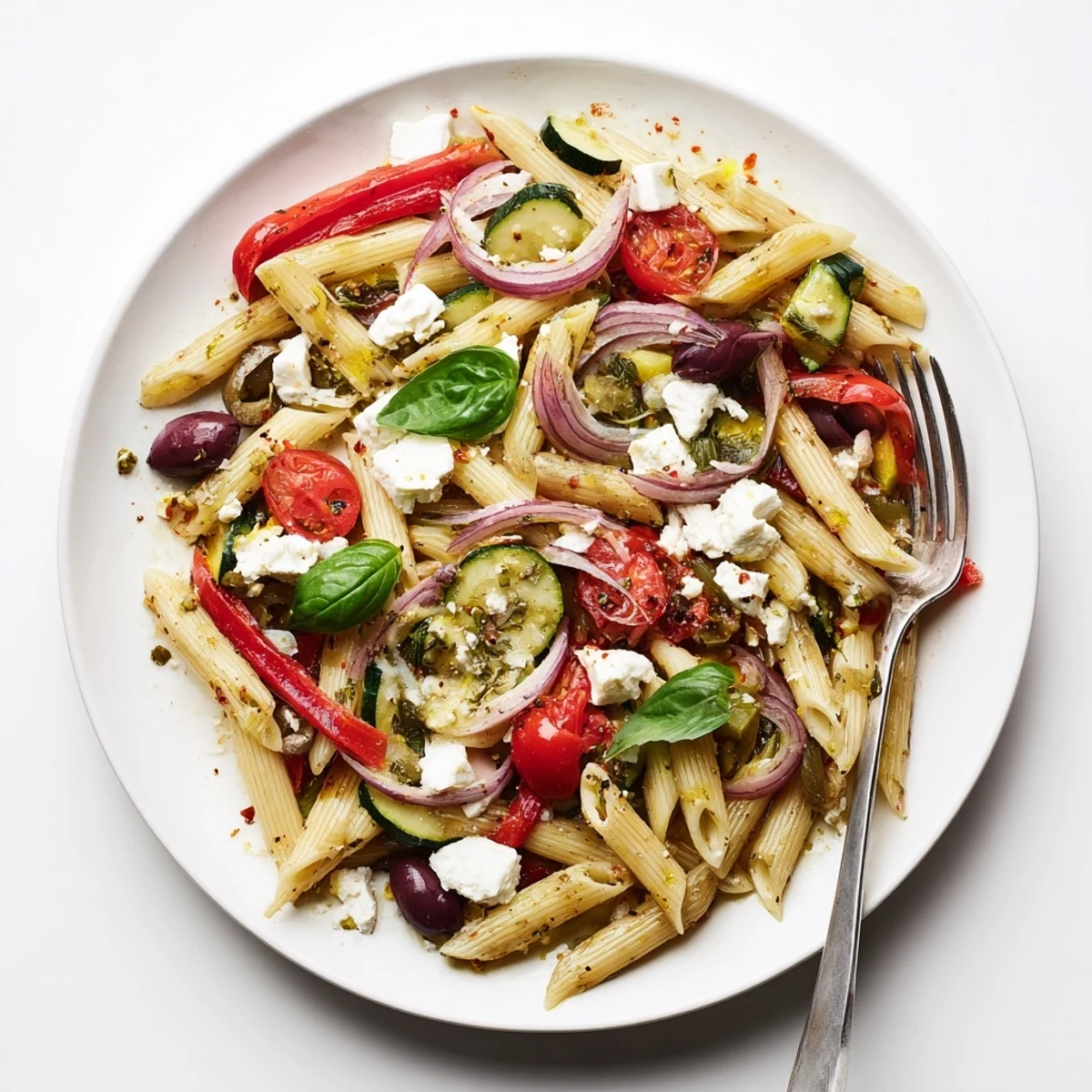 Colorful Mediterranean one pot pasta with fresh vegetables and crumbled feta topping