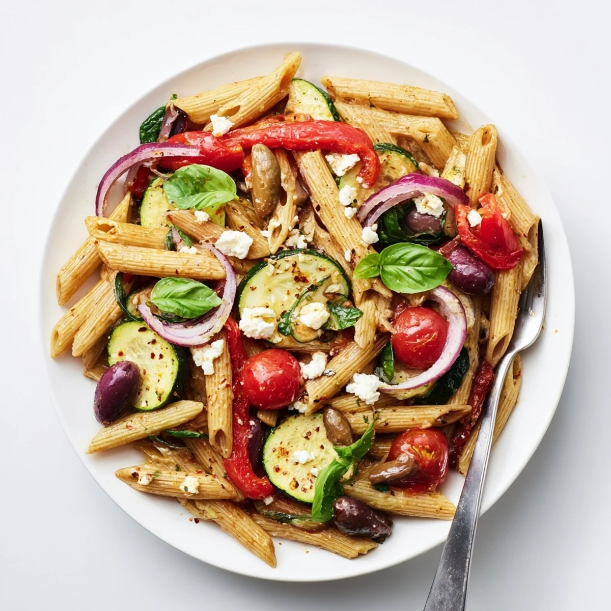 Steaming bowl of Mediterranean one pot pasta loaded with zucchini bell peppers and olives