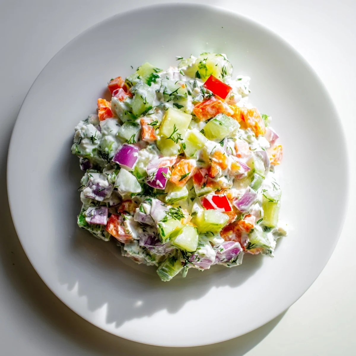 Creamy garden vegetable spread topped with colorful diced vegetables served on a wooden board