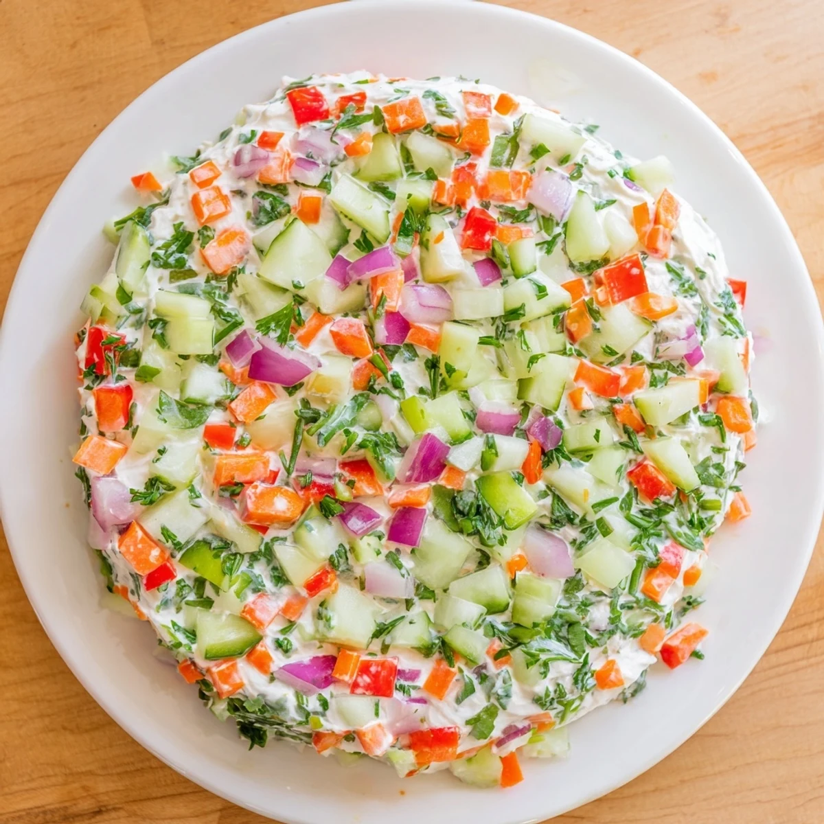 Thick garden vegetable spread piled onto whole grain crackers with fresh vegetable garnish