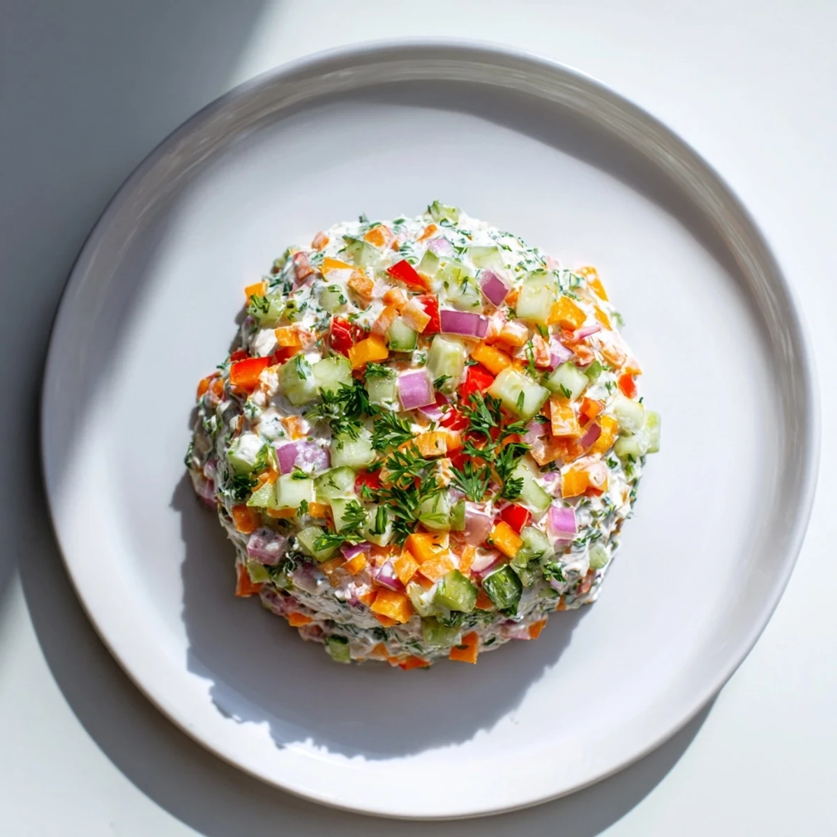 Garden vegetable spread recipe featuring fresh cucumber bell peppers and herbs in white bowl