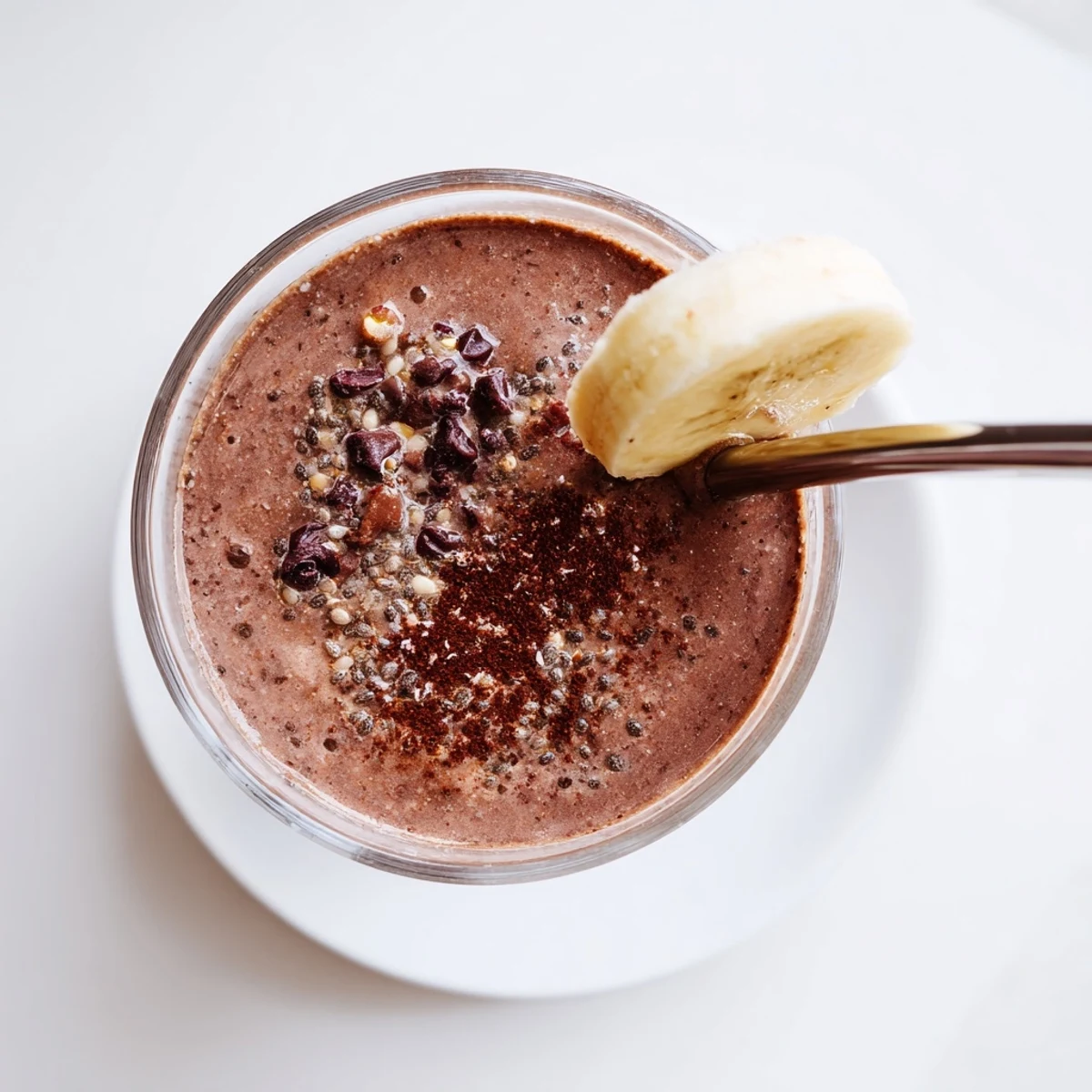 Creamy vegan raw chocolate banana shake poured into a chilled mason jar