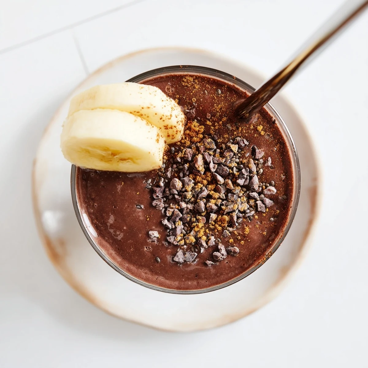 Frosty raw chocolate banana shake garnished with fresh banana slice on glass rim