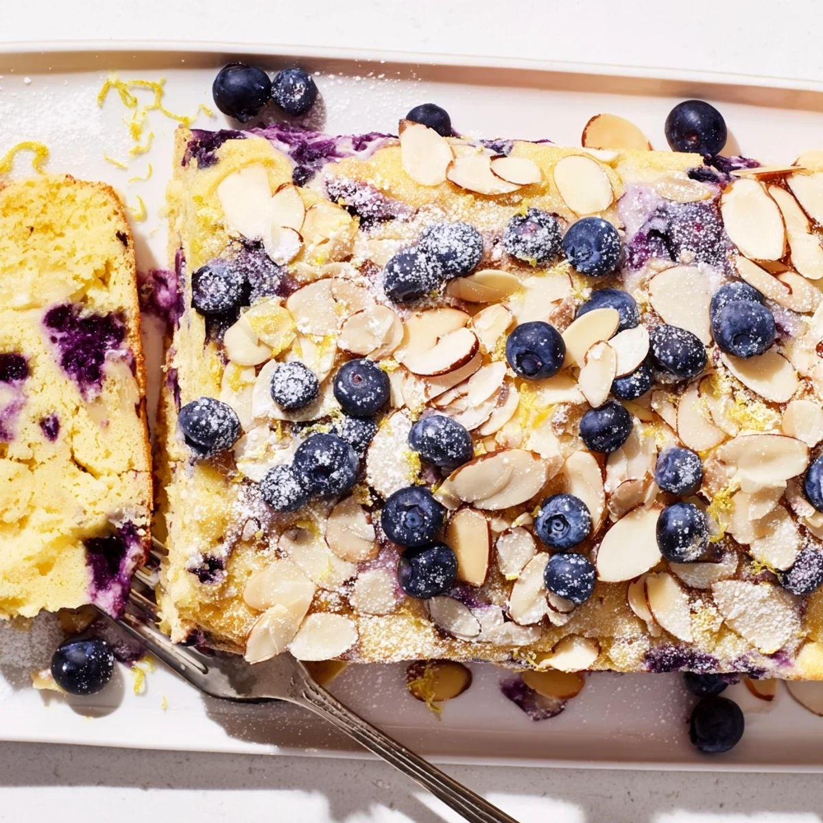 Golden lemon blueberry poke cake topped with toasted almonds and fresh blueberries
