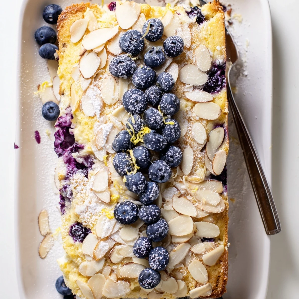 Moist lemon blueberry poke cake with crunchy almond topping dusted with powdered sugar