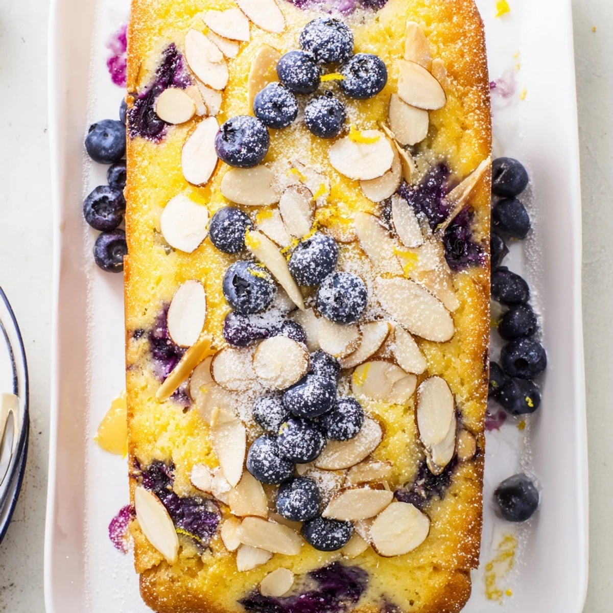 Slice of lemon blueberry poke cake showing creamy pudding filling and almond garnish