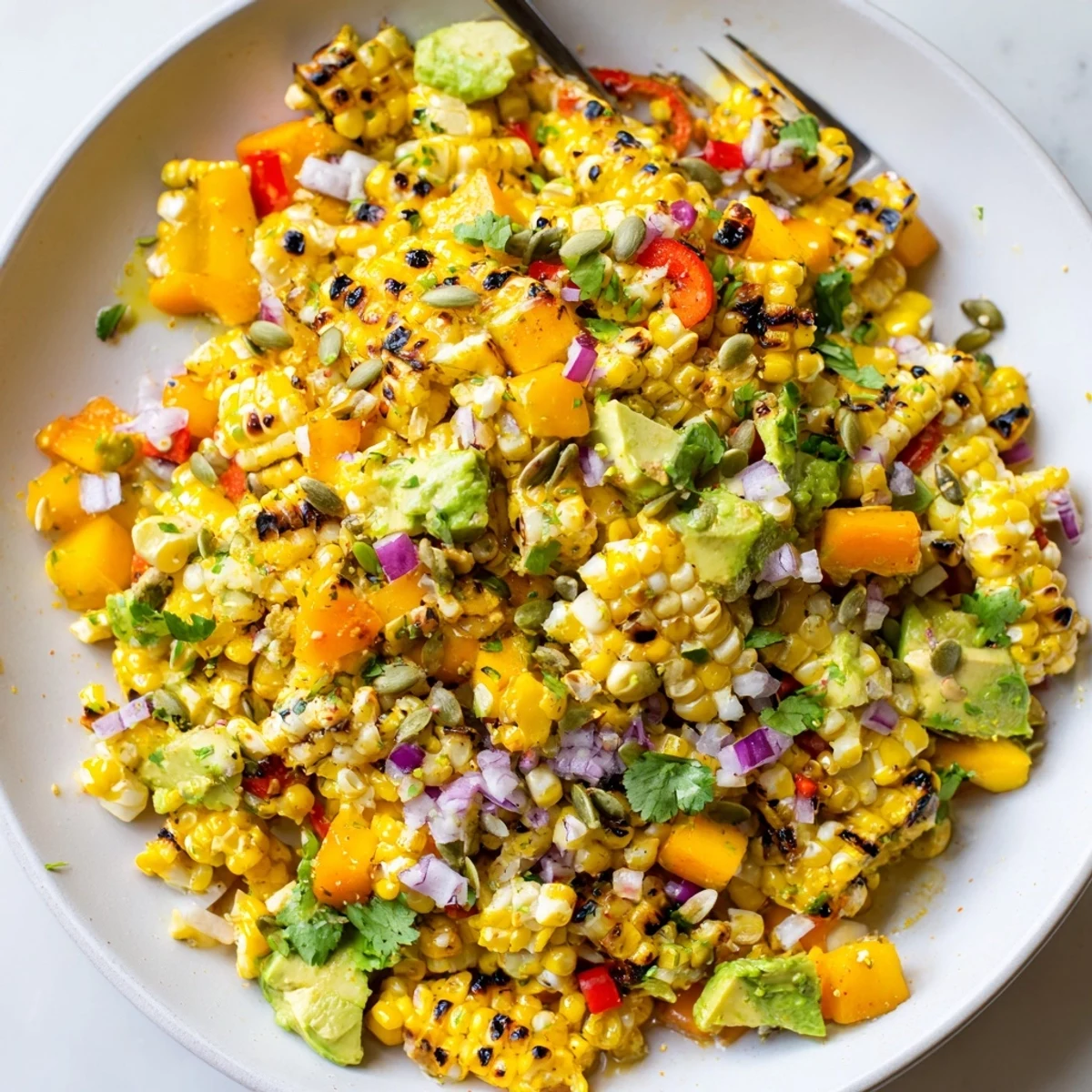 Colorful tropical charred corn and avocado salad with fresh mango and pineapple in a white bowl