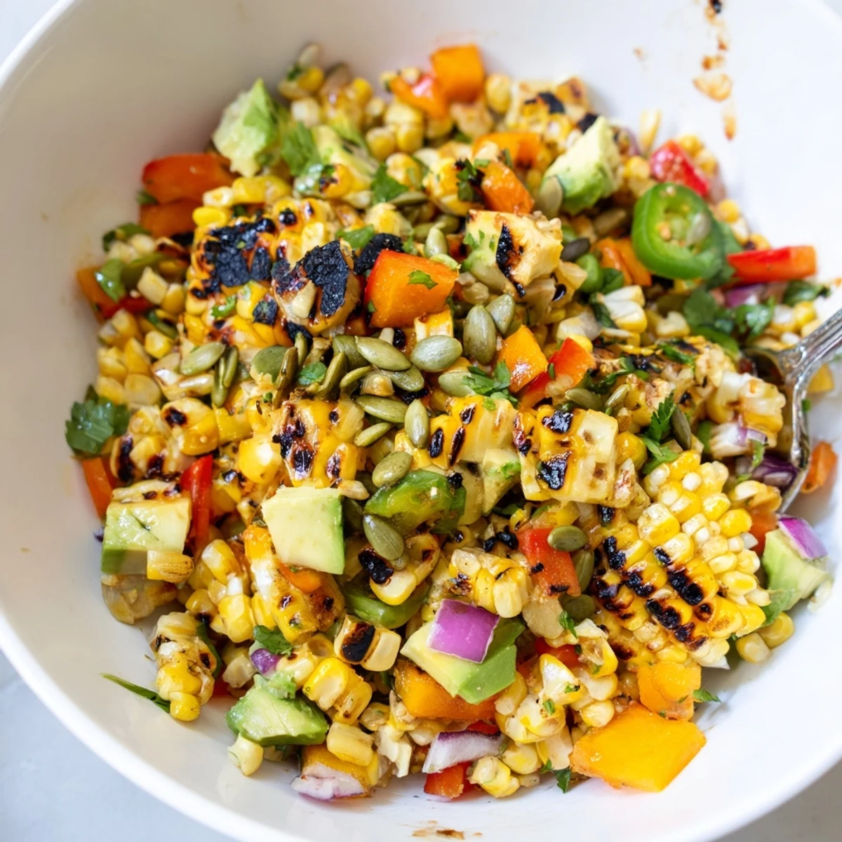 Fresh tropical charred corn and avocado salad featuring sweet pineapple, mango, and red bell pepper chunks