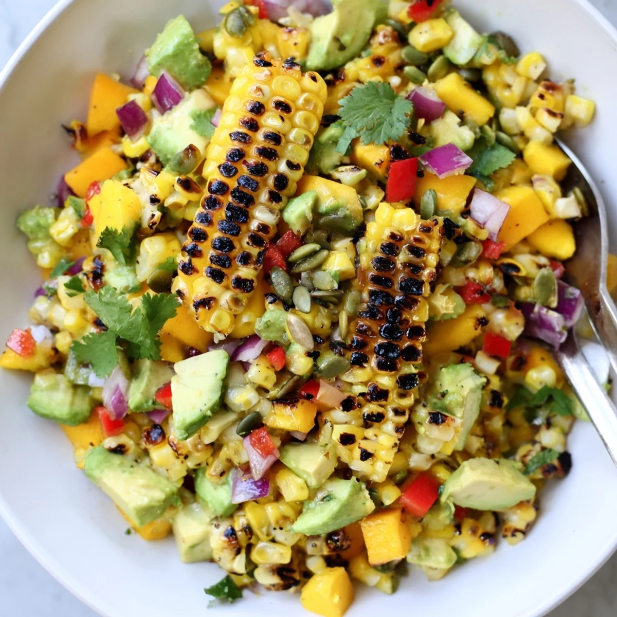 Vibrant bowl of tropical charred corn and avocado salad topped with zesty lime dressing and cilantro