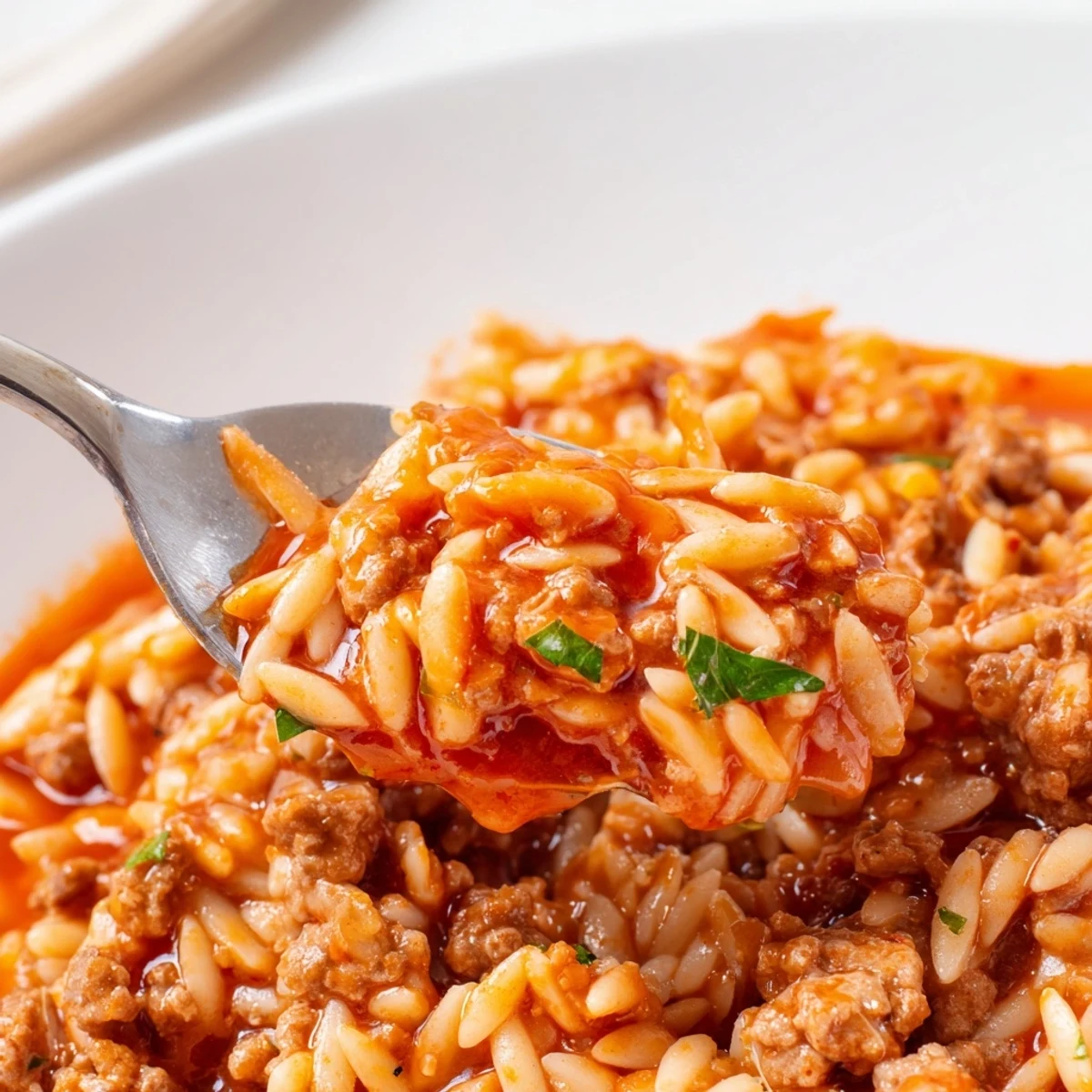 Ground Beef Orzo Greek Manestra recipe steaming in pot, fragrant tomato-herb sauce