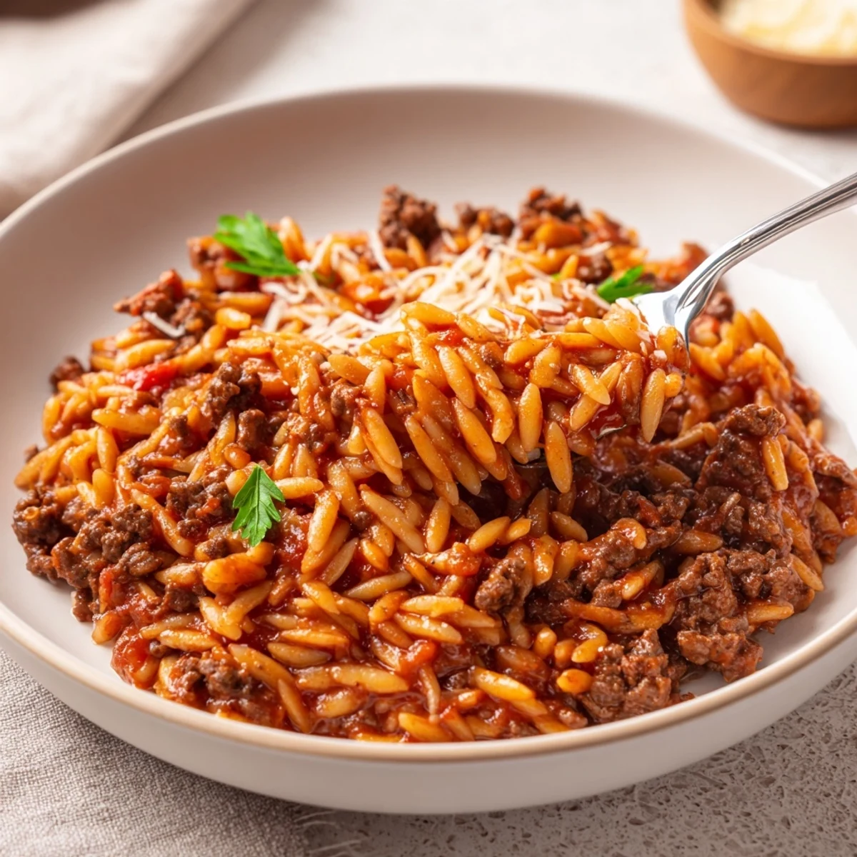 Hearty Ground Beef Orzo Greek Manestra recipe served with grated cheese and parsley