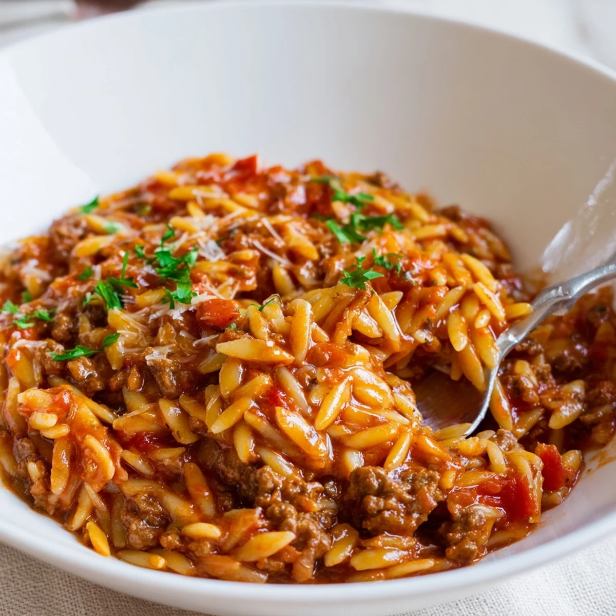 Spoonful of Ground Beef Orzo Greek Manestra recipe on plate, warm and savory
