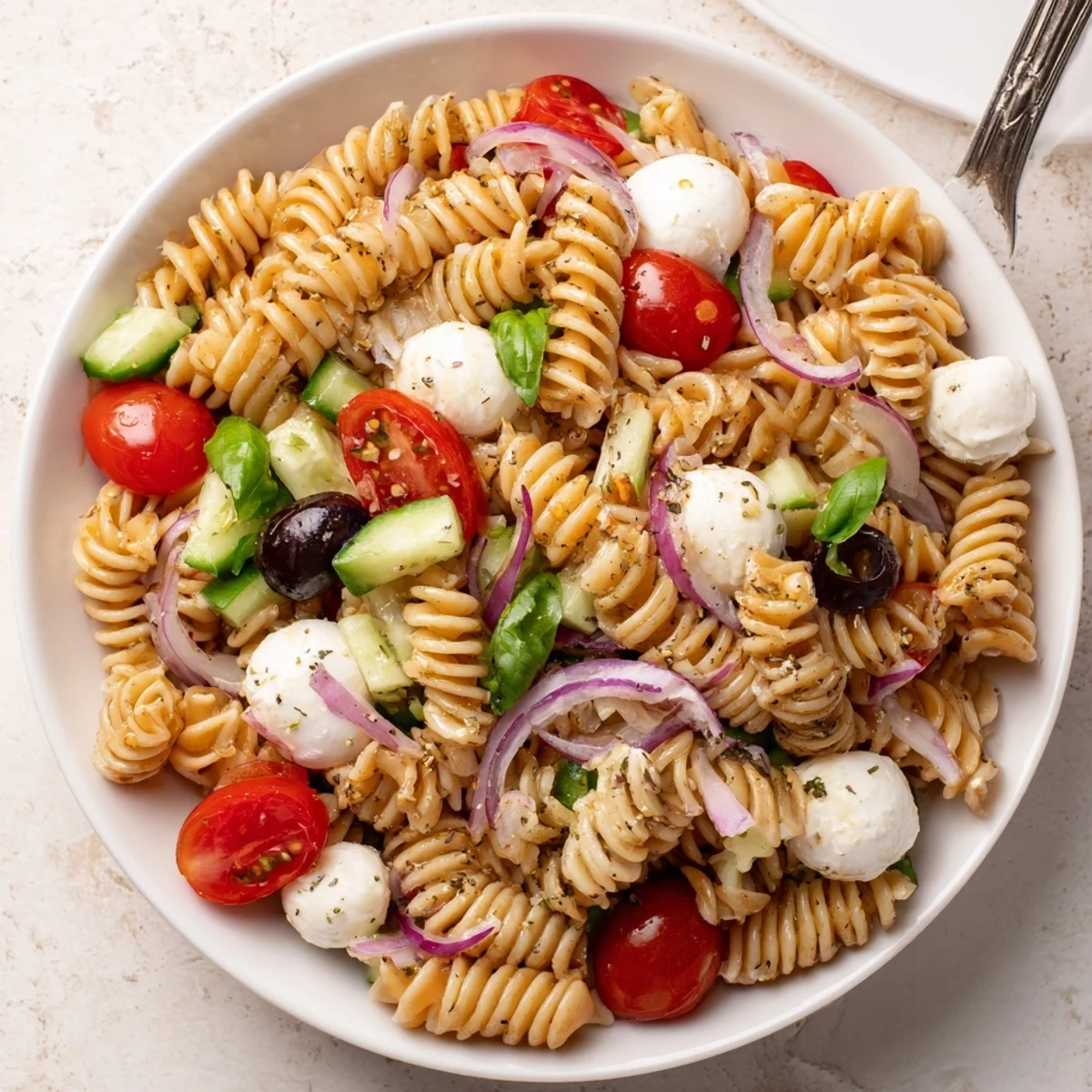 Italian Pasta Salad with glossy cherry tomatoes and creamy mozzarella picnic ready