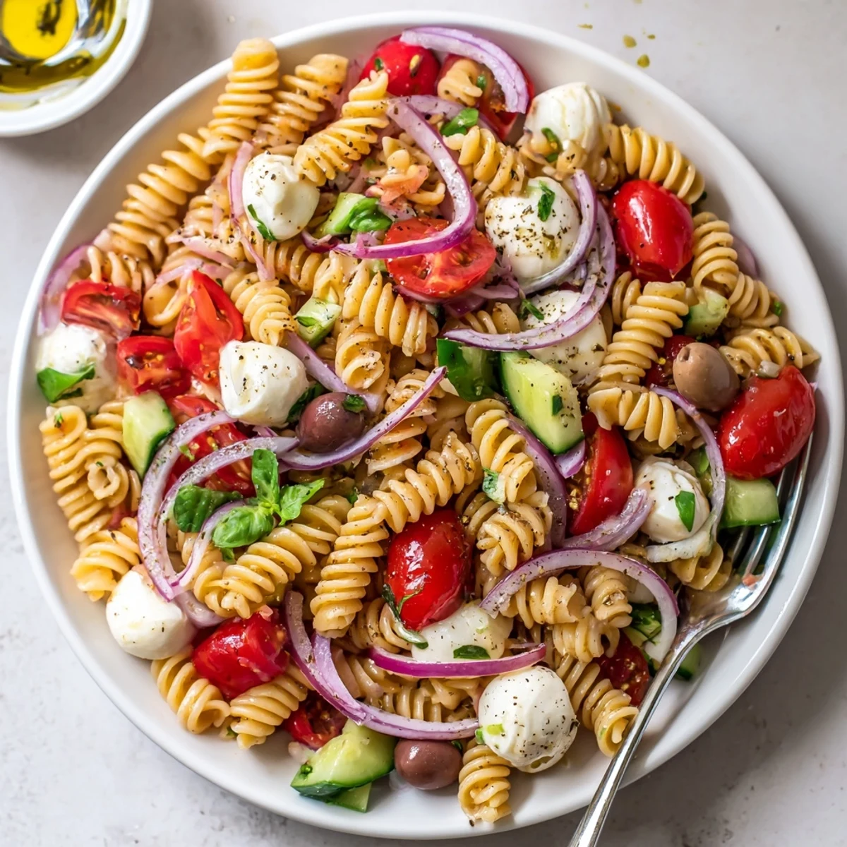 A bowl of Italian Pasta Salad with crisp cucumbers, olives, and basil