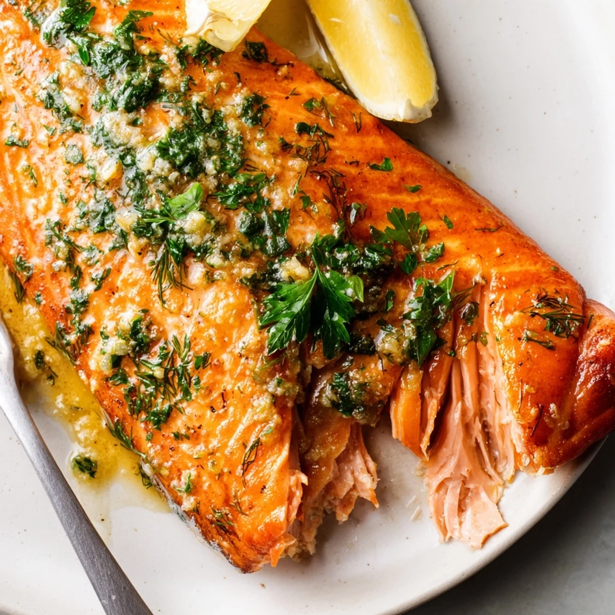 Garlic Butter Ghee Salmon Bake with golden crust, sizzling butter aroma