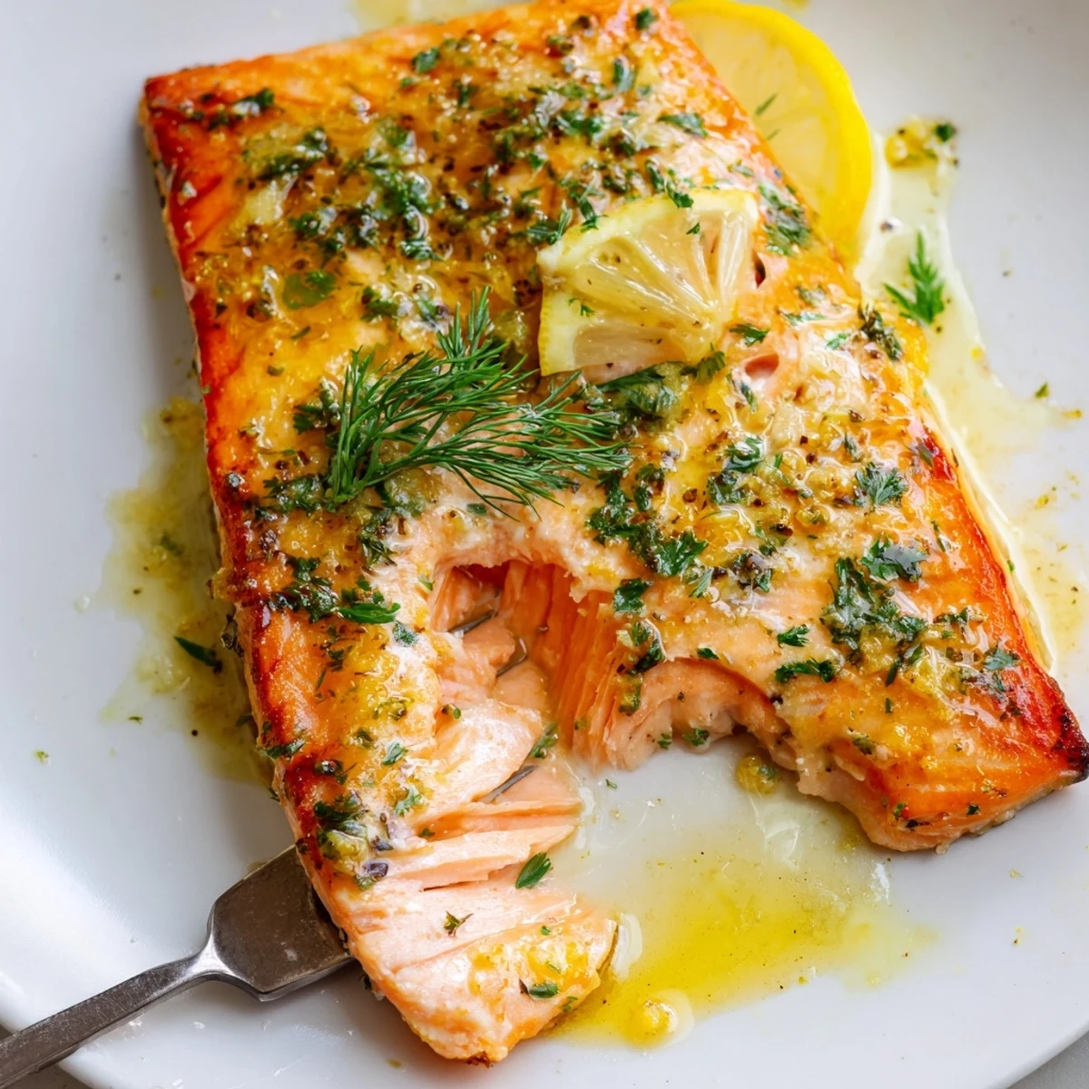 Freshly baked Garlic Butter Ghee Salmon Bake garnished with parsley and lemon