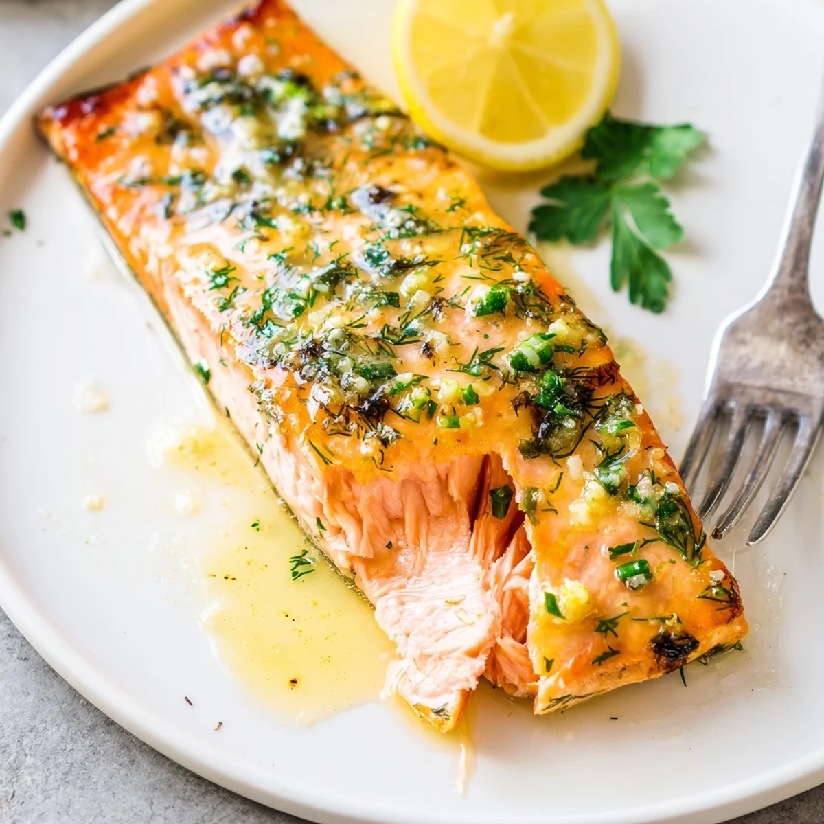 Sheet pan Garlic Butter Ghee Salmon Bake releasing fragrant garlic and lemon