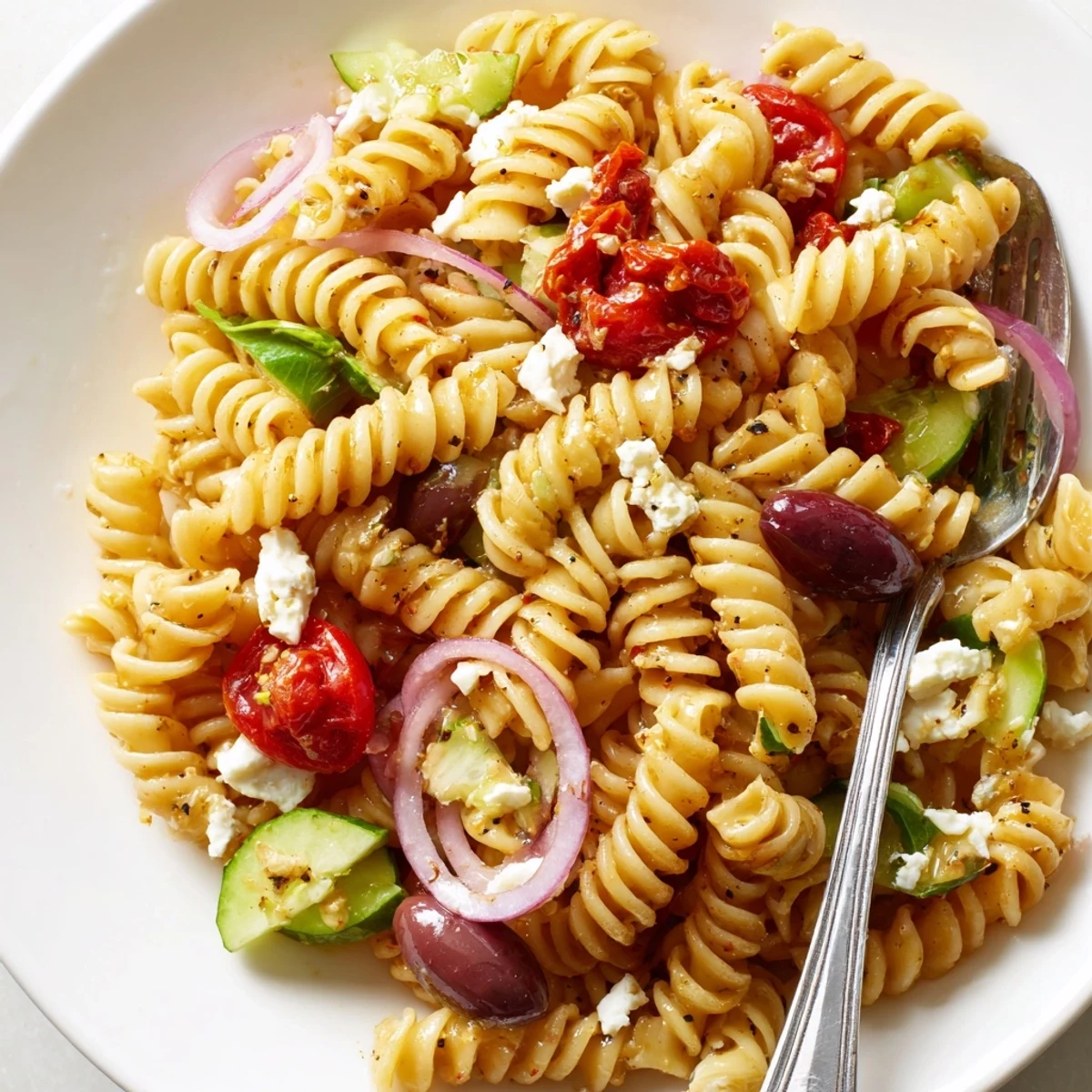 Sun Dried Tomato Pasta Salad tossed in zesty dressing, feta and basil.