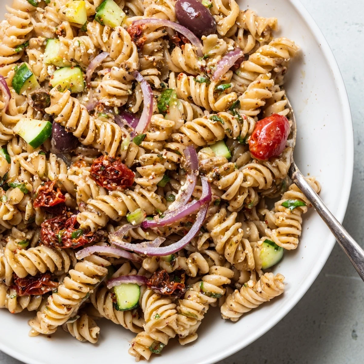 Chilled Sun Dried Tomato Pasta Salad bursting with cherry tomatoes and olives.