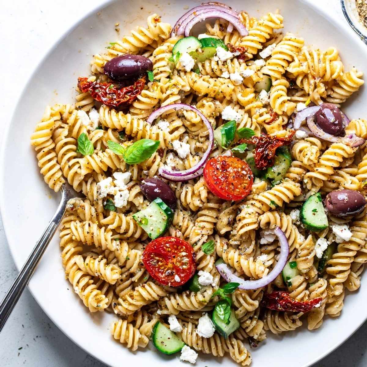 Creamy feta-studded Sun Dried Tomato Pasta Salad perfect for summer picnics.