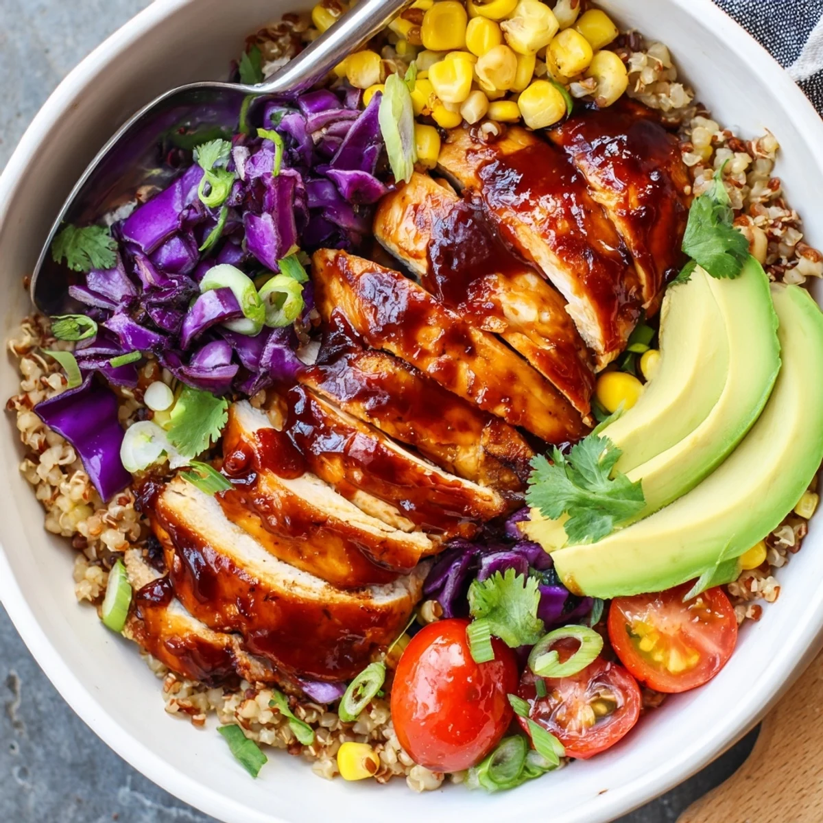 Smoky barbecue chicken grain bowl topped with fresh avocado and colorful vegetables