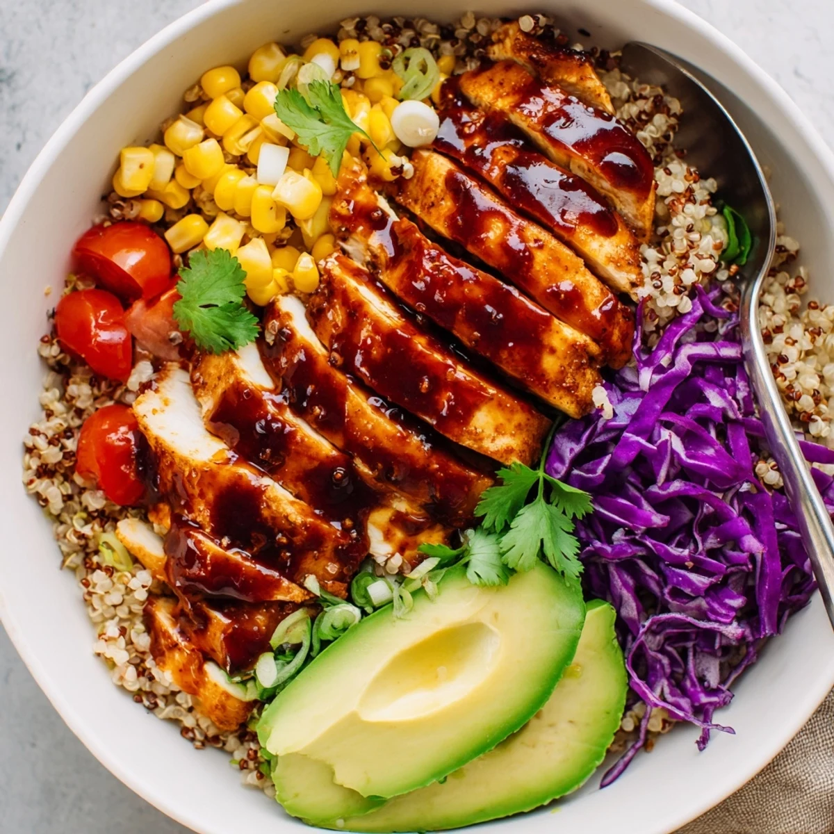 Barbecue chicken grain bowl served over fluffy quinoa with tangy sauce drizzle