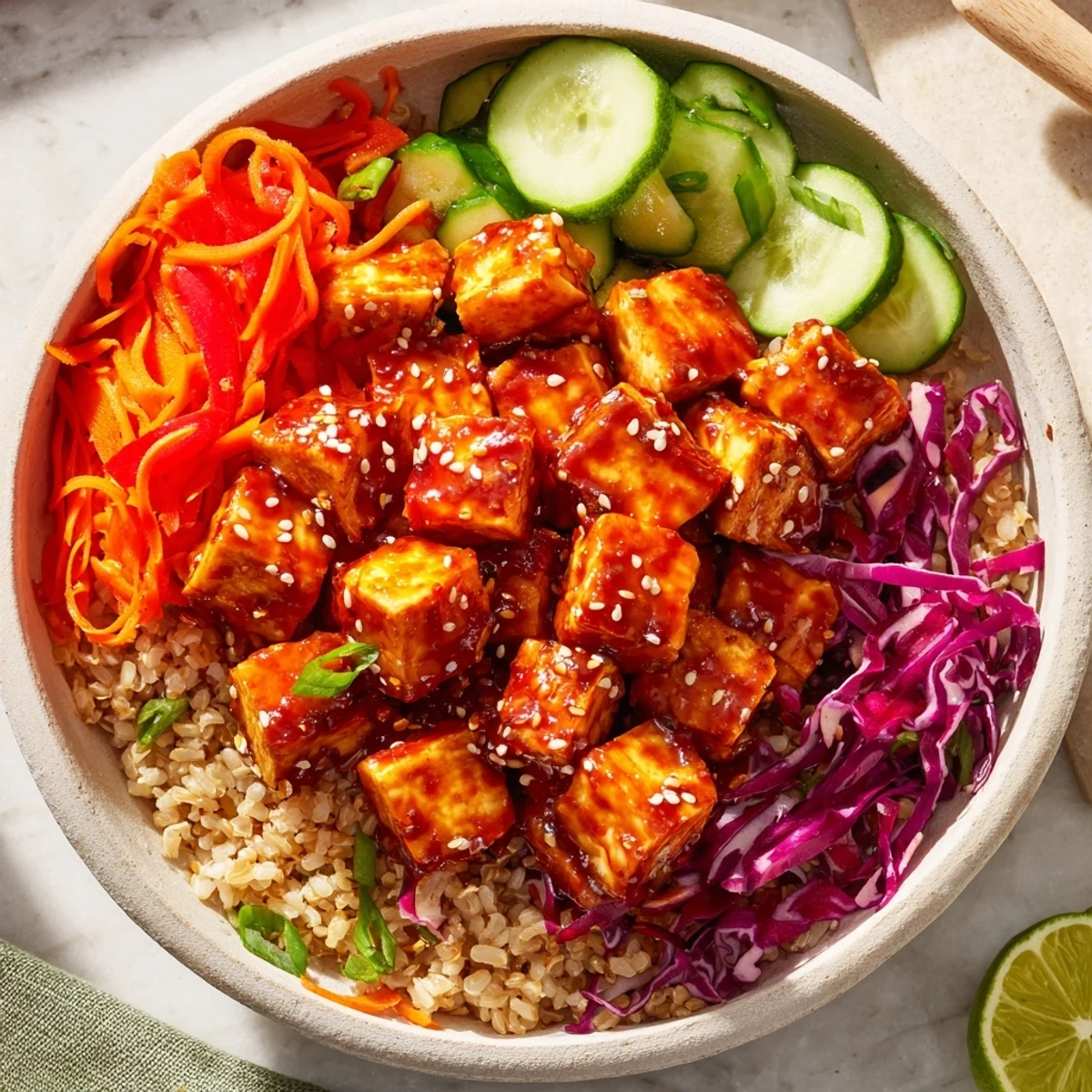 Crispy golden spicy tofu grain bowl topped with vibrant shredded vegetables and sesame seeds