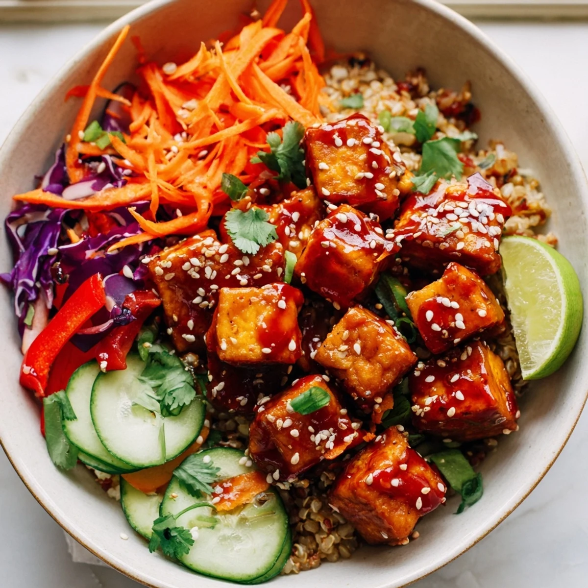 Steaming spicy tofu grain bowl drizzled with zesty sauce over fluffy brown rice