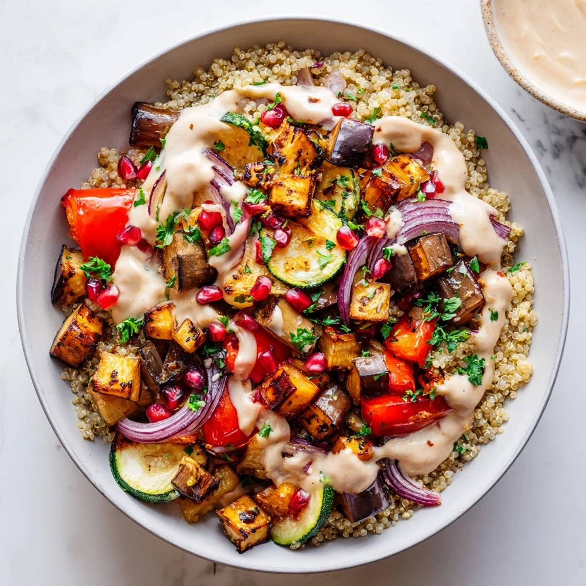 Colorful eggplant grain bowl with roasted vegetables and creamy tahini drizzle