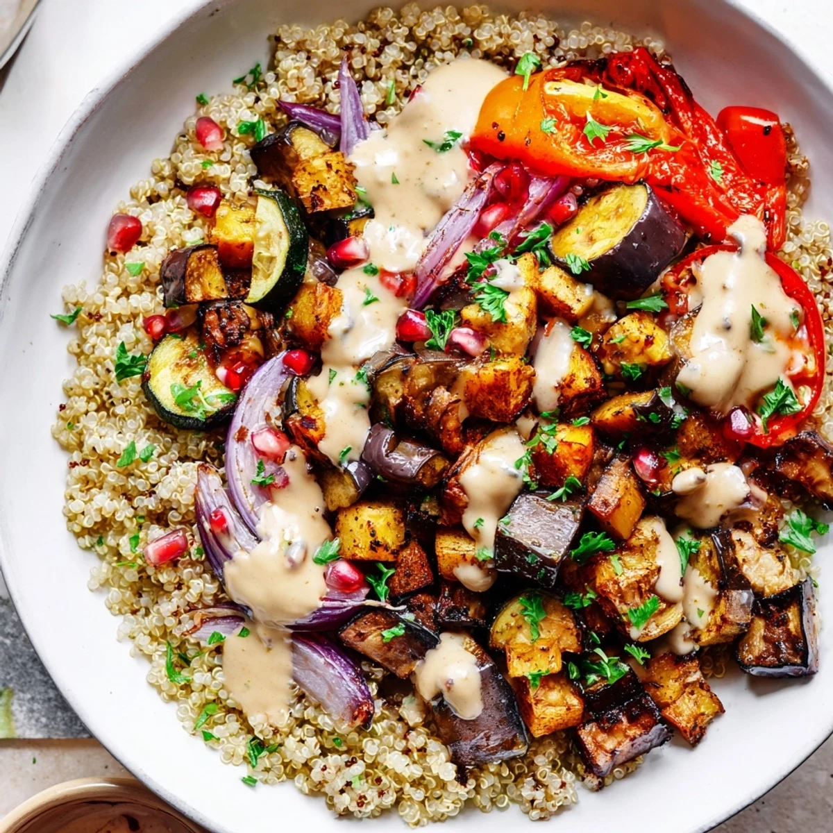 Hearty eggplant grain bowl featuring smoky roasted veggies and fresh herbs