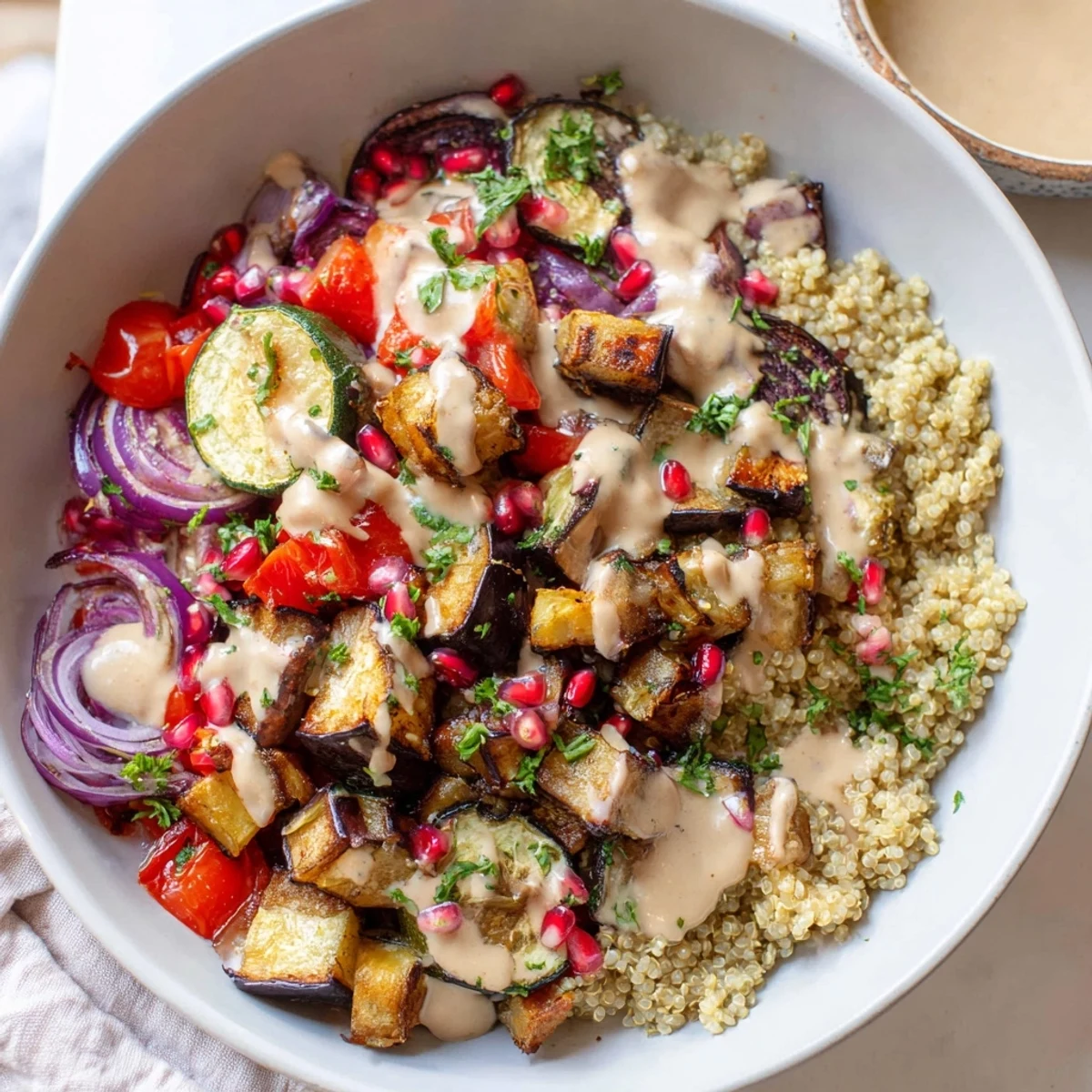 Vibrant eggplant grain bowl topped with pomegranate seeds and zesty dressing