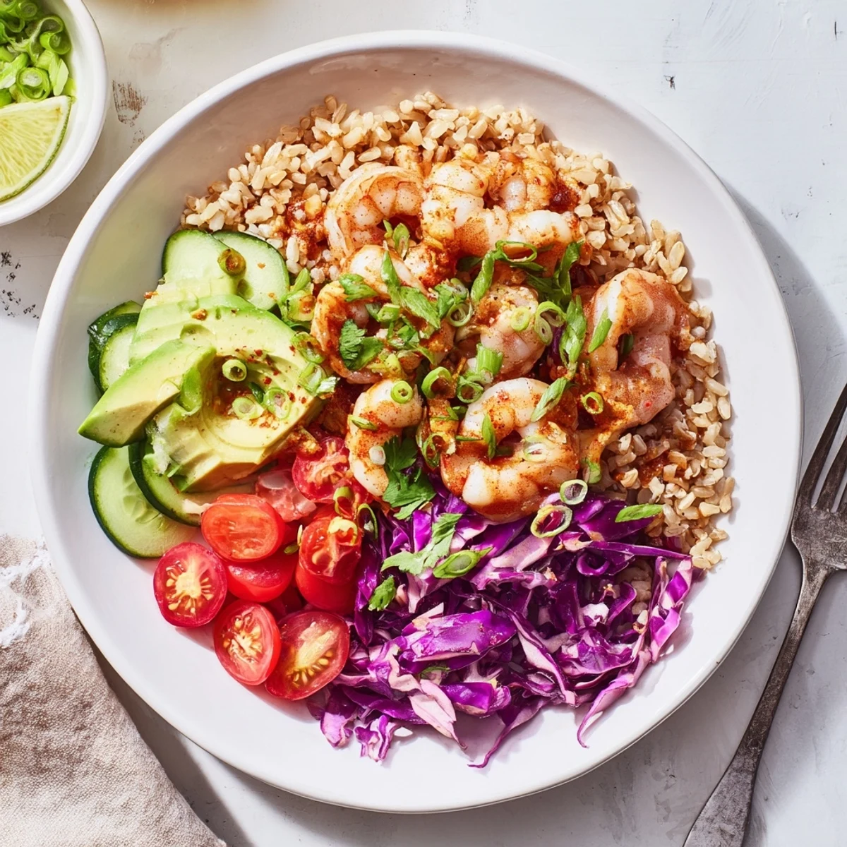 Colorful shrimp grain bowl with crisp cabbage cherry tomatoes and zesty lime dressing