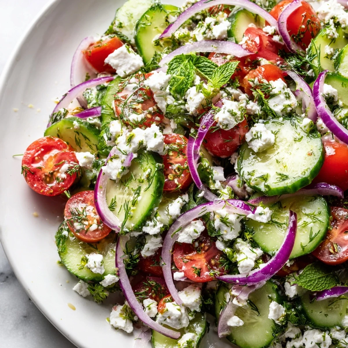 Crumbled feta and crisp cucumber herb salad tossed in bright lemon dressing
