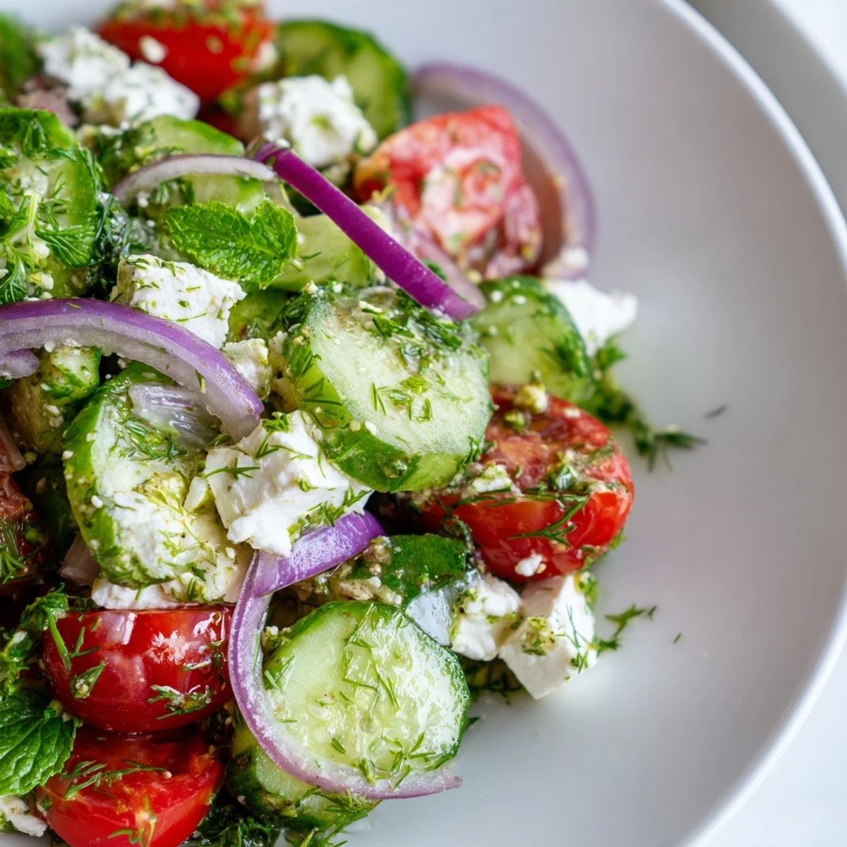 Creamy feta crowns a refreshing cucumber herb salad studded with fresh dill