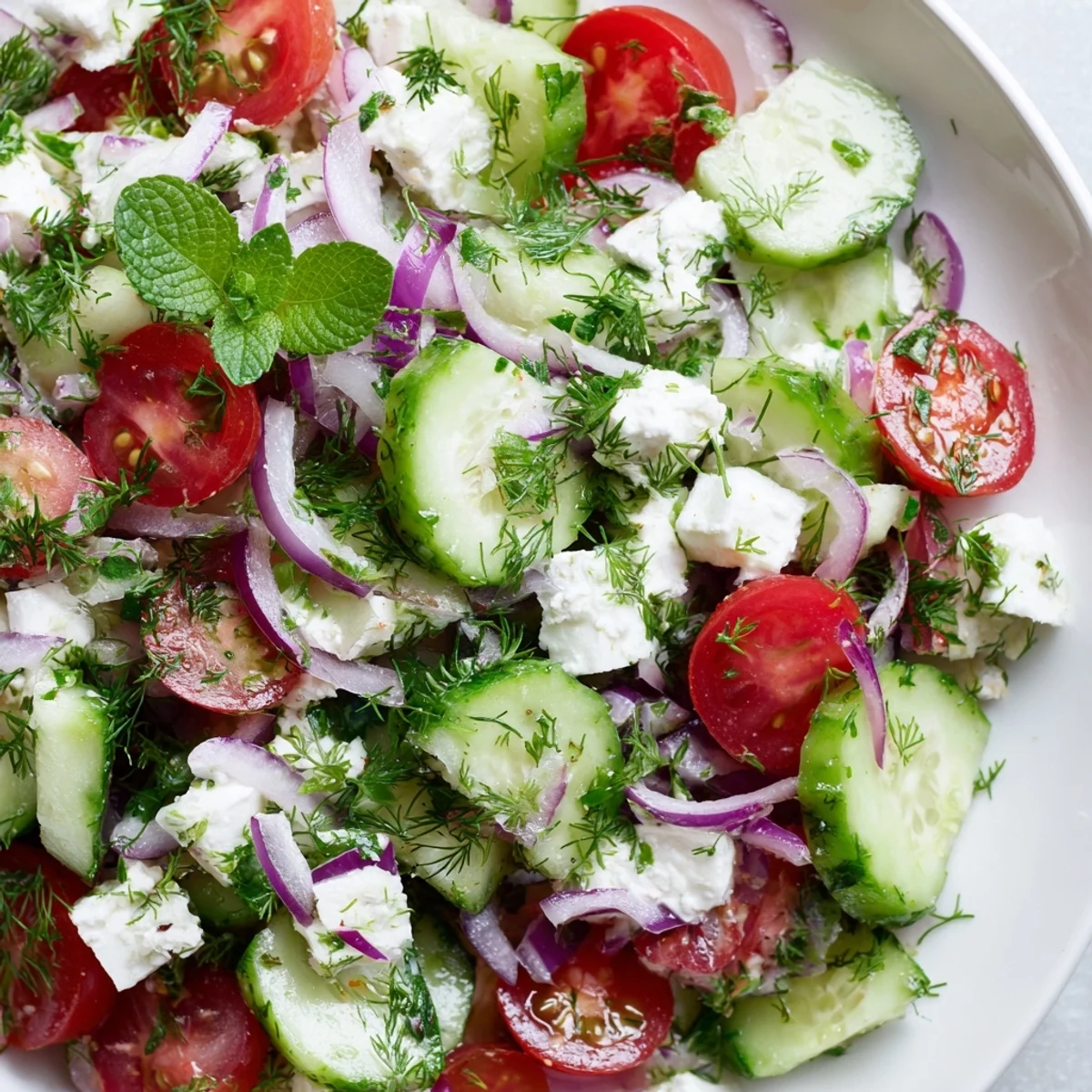 Vibrant feta cucumber herb salad served in a rustic bowl with mint