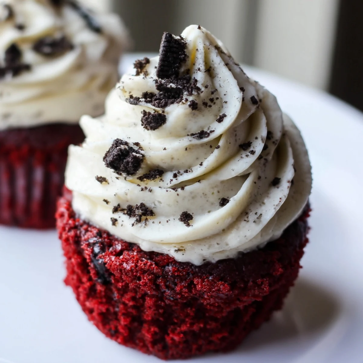 Rich red velvet Oreo cupcakes with moist cocoa crumbs and chunky cookie pieces