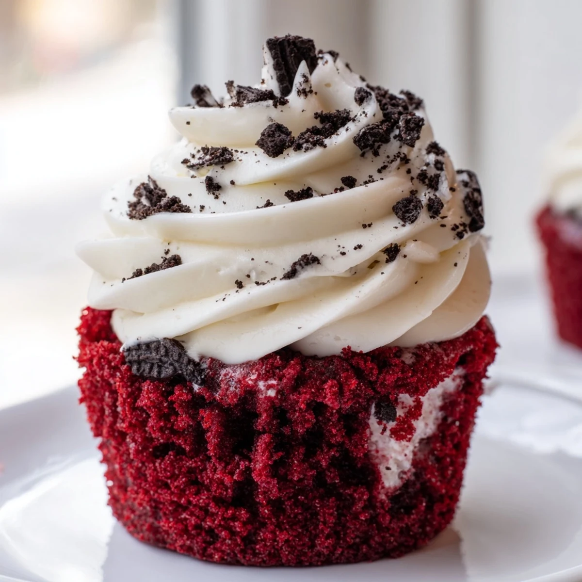 Soft red velvet Oreo cupcakes topped with creamy cookies and cream frosting