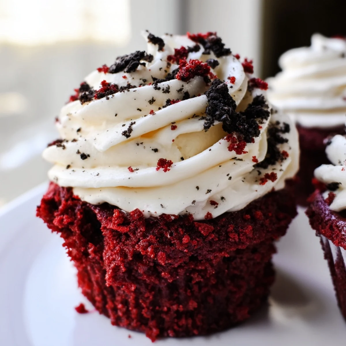 Decadent red velvet Oreo cupcakes swirled with tangy cream cheese frosting on a rustic plate