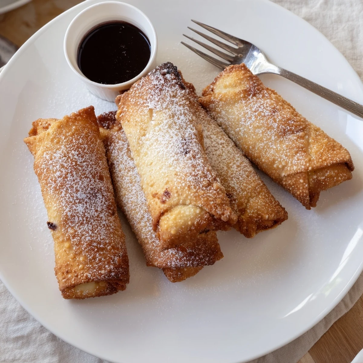 Golden crispy cheesecake egg rolls dusted with powdered sugar on a white plate