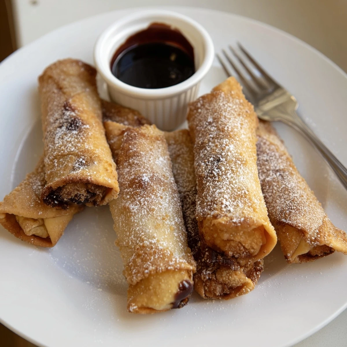 Crispy cheesecake egg rolls arranged on a platter with chocolate dipping sauce
