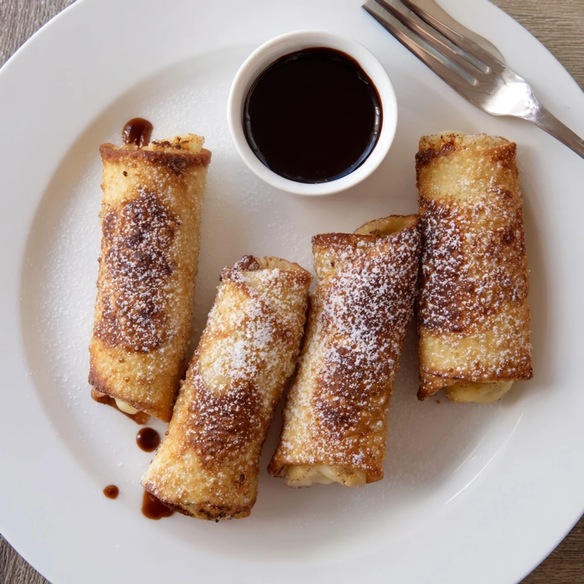 Crunchy golden brown cheesecake egg rolls served warm with sweet strawberry drizzle
